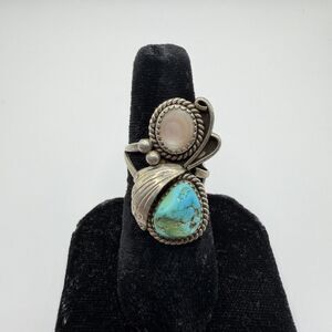 925 Sterling Silver Turquoise Mother of Pearl Floral Ring Size 7 6.2g